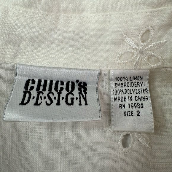 Chico's Linen White Eyelet Button-Down Shirt Long Sleeves Size Large - Picture 4 of 8